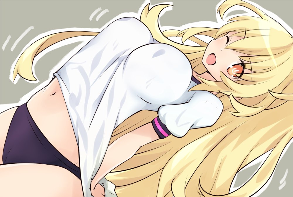 1girl blonde_hair bloomers blush breasts eyebrows_visible_through_hair fang iwasi-r kami_jigen_game_neptune_v large_breasts long_hair navel neptune_(series) one_eye_closed open_mouth orange_eyes power_symbol shirt smile solo symbol-shaped_pupils t-shirt underwear very_long_hair white_shirt yellow_heart