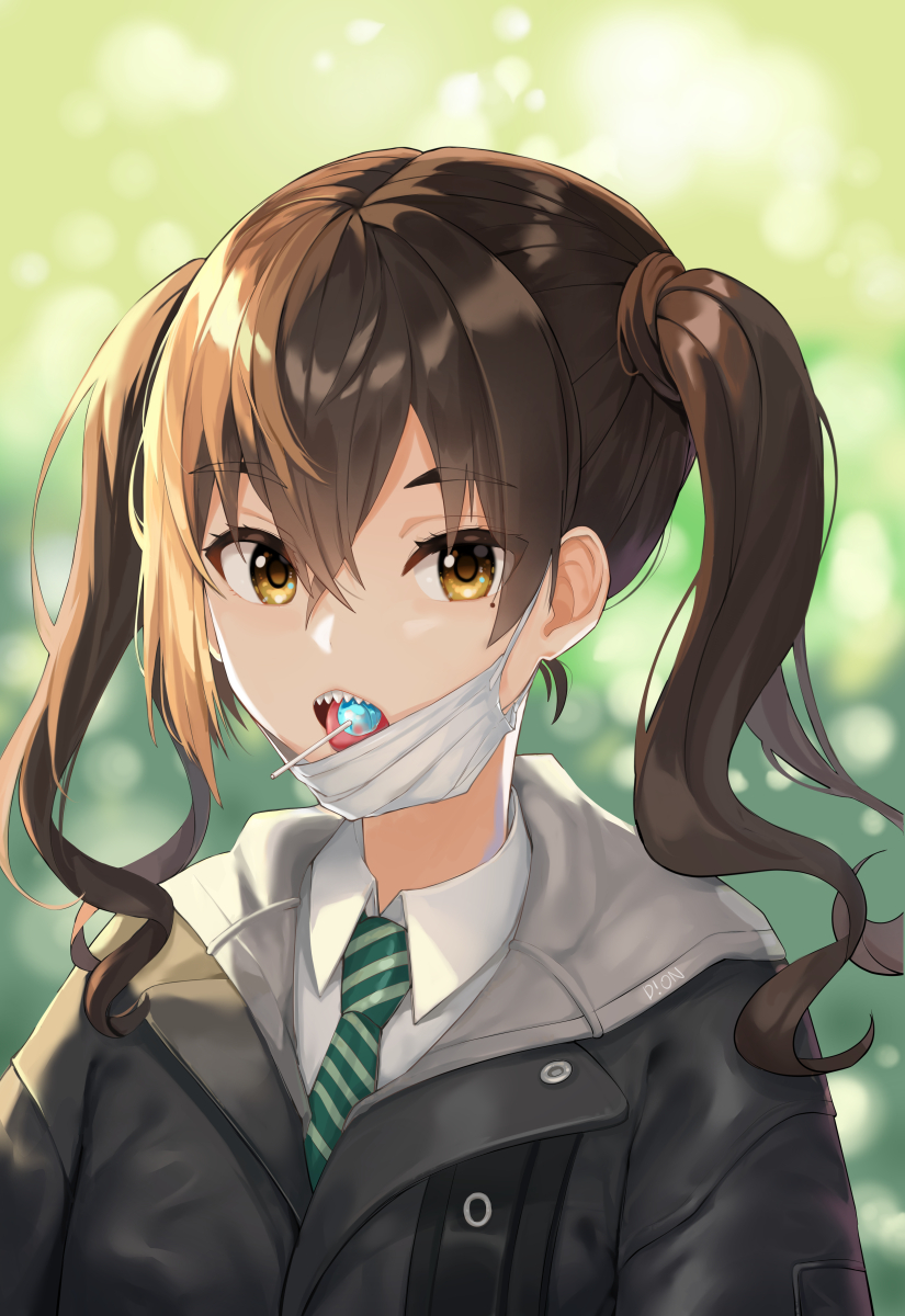 1girl artist_name bangs black_coat blurry blurry_background brown_hair candy collared_shirt commentary_request depth_of_field dopoing eyebrows_visible_through_hair food food_in_mouth green_neckwear highres idolmaster idolmaster_cinderella_girls lollipop long_hair mask_pull mole mole_under_eye necktie open_mouth sharp_teeth shirt solo striped striped_neckwear sunazuka_akira sunlight surgical_mask teeth tongue tongue_out twintails upper_body yellow_eyes