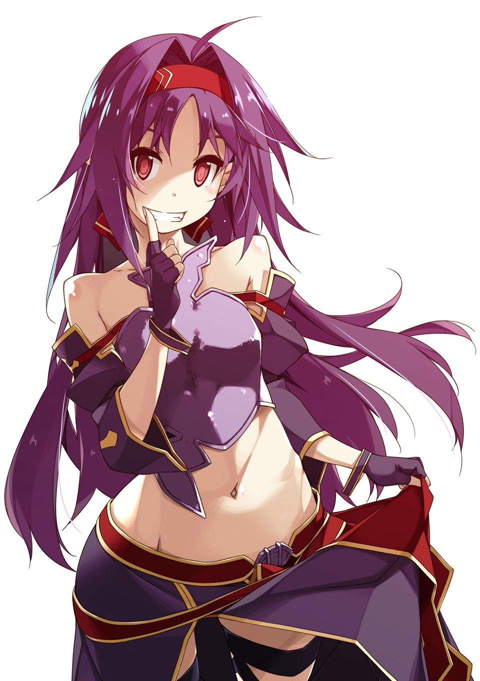 1girl antenna_hair bangs black_gloves breastplate cowboy_shot detached_sleeves eyebrows_visible_through_hair finger_to_mouth fingerless_gloves gloves hairband highres lifted_by_self long_hair looking_at_viewer midriff navel parted_bangs parted_lips pointy_ears purple_hair red_eyes red_hairband revision shikei skirt skirt_lift smile solo standing sword_art_online white_background yuuki_(sao)