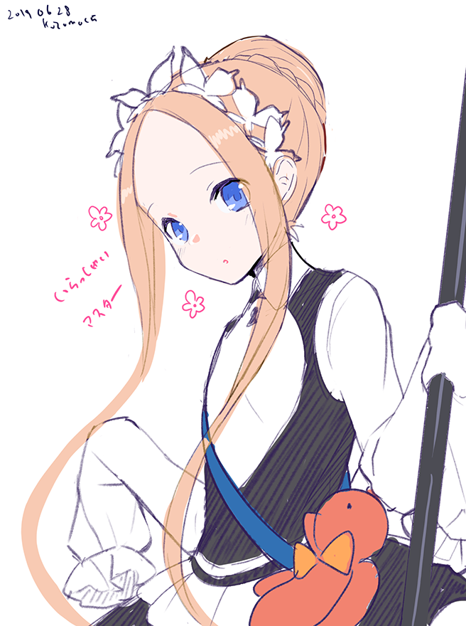 1girl :o abigail_williams_(fate/grand_order) bangs black_dress blonde_hair blue_eyes blush braid butterfly_hair_ornament commentary_request dated dress eyebrows_visible_through_hair fate/grand_order fate_(series) forehead hair_bun hair_ornament heroic_spirit_festival_outfit holding kuzumochi_(kuzumochiya) long_hair long_sleeves parted_bangs parted_lips shirt sidelocks signature simple_background sleeveless sleeveless_dress sleeves_past_fingers sleeves_past_wrists solo stuffed_animal stuffed_toy teddy_bear very_long_hair white_background white_shirt