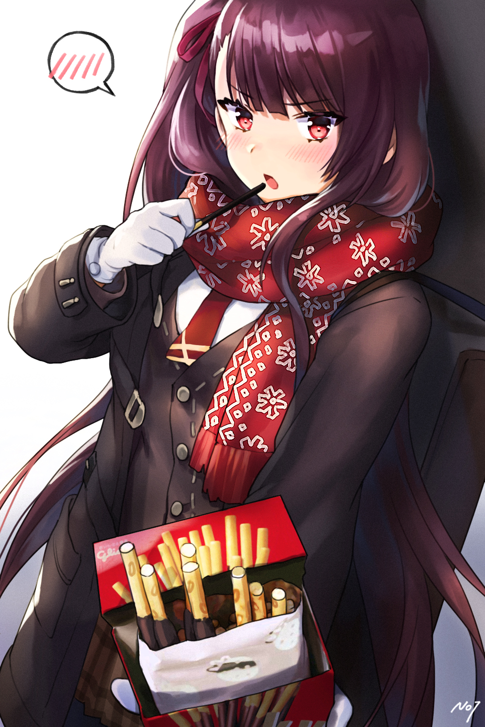 1girl :o black_coat blush brown_skirt coat cowboy_shot eating enpera food girls_frontline gloves hair_ribbon highres holding holding_food long_hair long_sleeves looking_at_viewer necktie noixen open_clothes open_coat open_mouth pink_ribbon plaid plaid_skirt pov print_scarf purple_hair red_neckwear red_scarf ribbon scarf side_ponytail signature skirt snowflake_print solo speech_bubble spoken_blush unbuttoned v-shaped_eyebrows very_long_hair violet_eyes wa2000_(girls_frontline) weapon_bag white_gloves