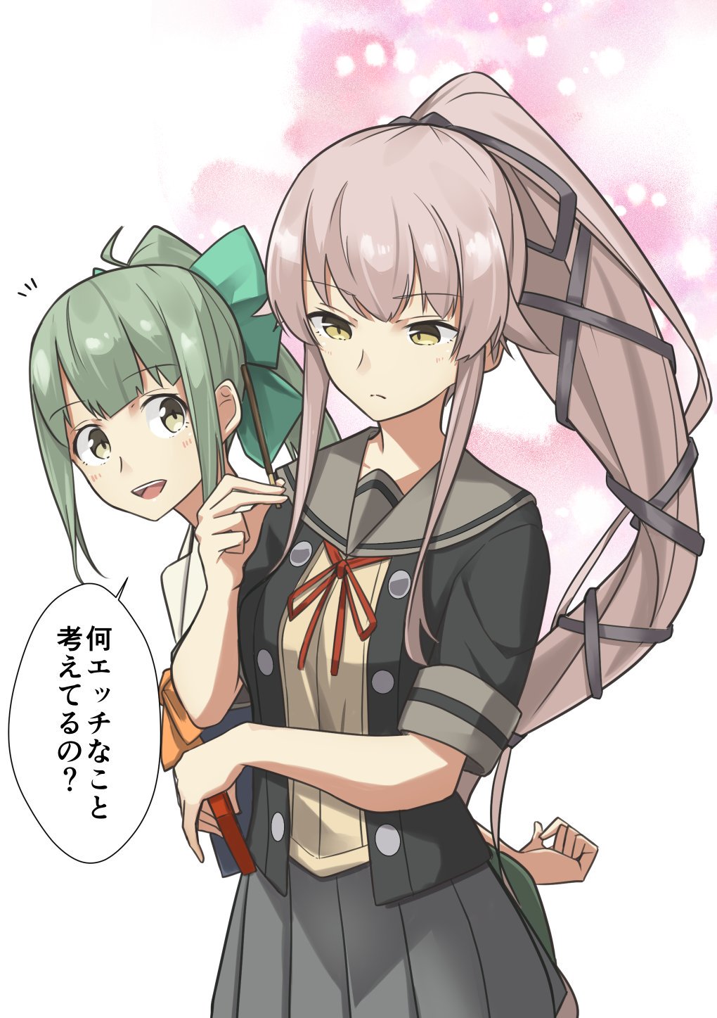 2girls black_jacket bow commentary_request cowboy_shot food green_hair grey_sailor_collar grey_skirt hair_bow hair_flaps highres jacket kantai_collection long_hair multiple_girls neck_ribbon negahami pink_background pink_hair pocky ponytail red_ribbon remodel_(kantai_collection) ribbon sailor_collar school_uniform serafuku short_sleeves skirt translated white_background yura_(kantai_collection) yuubari_(kantai_collection)