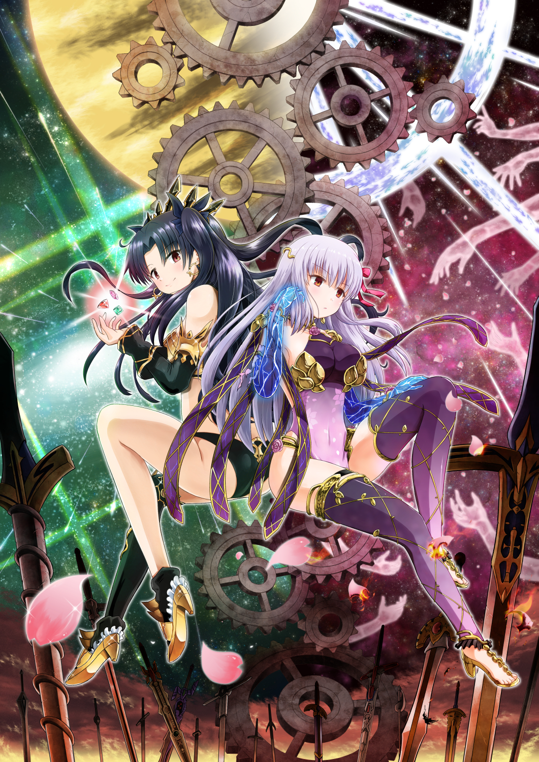 2girls back-to-back black_hair breasts covered_navel earrings fate/grand_order fate_(series) gears gem hair_ribbon high_heels highres hoop_earrings ishtar_(fate/grand_order) jewelry kama_(fate/grand_order) multiple_girls petals planted_weapon red_eyes ribbon silver_hair single_thighhigh sword thigh-highs unlimited_blade_works venus wakabayashi_makoto weapon