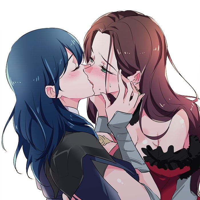 2girls blush breasts brown_hair byleth_(fire_emblem) byleth_eisner_(female) closed_eyes commentary dorothea_arnault dress fire_emblem fire_emblem:_three_houses green_eyes lips long_hair medium_hair multiple_girls negom open_eyes red_dress simple_background yuri