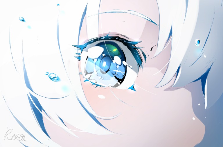 1girl bangs blue_eyes blush close-up colored_eyelashes commentary_request eyelashes eyes hair_between_eyes hoshizaki_reita looking_at_viewer original signature solo white_hair