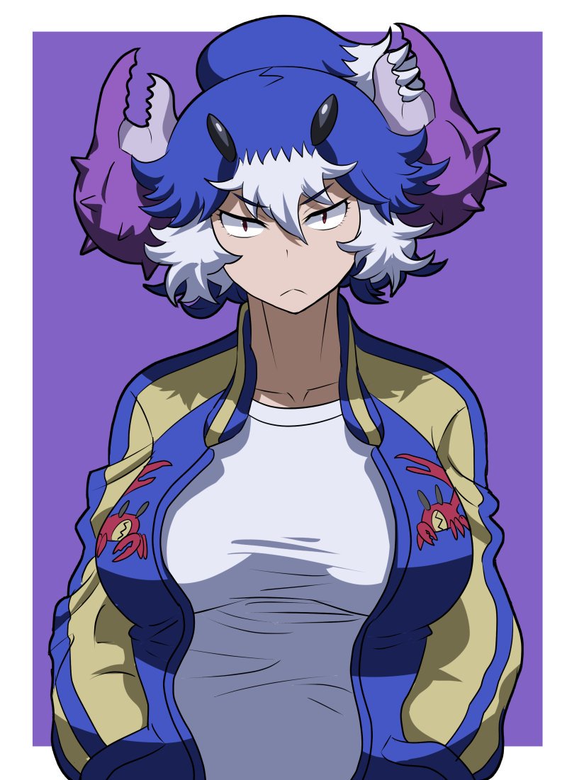 1girl :&lt; blue_hair breasts character_request commentary_request constricted_pupils copyright_request crab_claw extra_eyes eyebrows_visible_through_hair hair_between_eyes hands_in_pockets high_ponytail horns jacket large_breasts looking_at_viewer matsuda_yuusuke pincers purple_background red_eyes shirt short_hair short_ponytail solo taut_clothes taut_shirt track_jacket upper_body white_hair