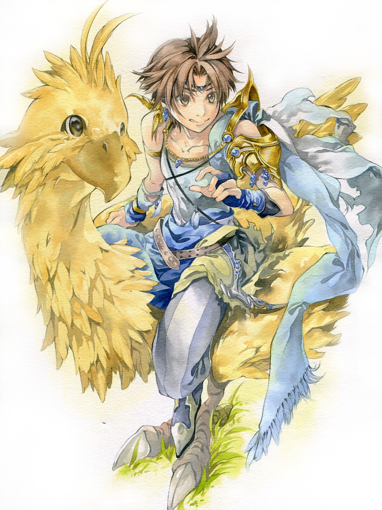 1boy belt boco brown_eyes brown_hair butz_klauser chocobo circlet commentary_request dissidia_final_fantasy final_fantasy final_fantasy_v fingerless_gloves gloves grass hand_up issun_boushi_(ilmtkimoti) riding shirt shoulder_armor simple_background sitting sleeveless sleeveless_shirt tongue tongue_out traditional_media watercolor_pencil_(medium) white_background white_shirt