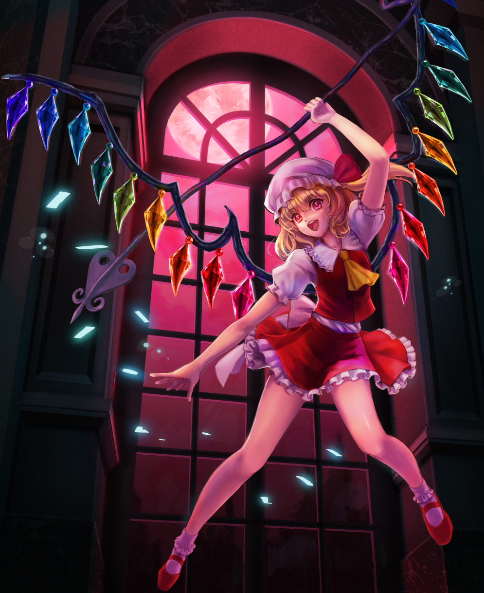 1girl arm_above_head arm_up bangs blonde_hair bobby_socks cravat eyebrows_visible_through_hair flandre_scarlet floating full_moon hat hat_ribbon head_tilt highres holding holding_weapon indoors laevatein light_particles looking_at_viewer mary_janes mitama_(mokochiko) mob_cap moon night open_mouth petticoat puffy_short_sleeves puffy_sleeves red_eyes red_footwear red_moon red_skirt red_sky red_vest ribbon shirt shoes short_hair short_sleeves side_ponytail skirt sky socks solo touhou upper_teeth vest weapon white_headwear white_legwear white_shirt wings yellow_neckwear