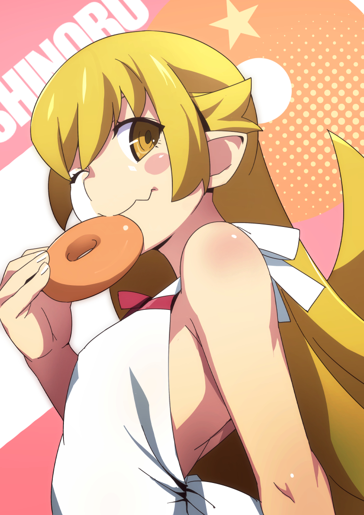 1girl armpits backless_outfit bakemonogatari blonde_hair blush_stickers character_name doughnut dress eating fang food from_side gesugesu_ahoaho long_hair looking_at_viewer monogatari_(series) one_eye_closed oshino_shinobu pointy_ears red_ribbon ribbon smile white_dress yellow_eyes