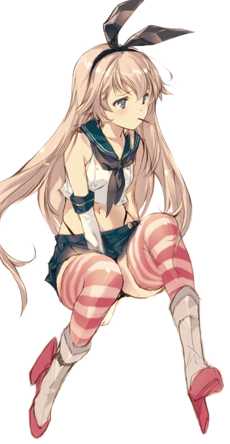 anchor anchor_hair_ornament black_panties crop_top elbow_gloves food food_in_mouth gloves hair_ornament hairband highleg highleg_panties kantai_collection microskirt min-naraken mouth_hold panties pocky pocky_day sailor_collar shimakaze_(kantai_collection) skirt striped striped_legwear thigh-highs thong underwear white_gloves