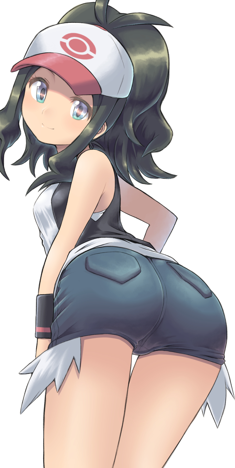 1girl arm_at_side ass bare_arms bare_shoulders baseball_cap big_hair black_hair black_vest blue_eyes closed_mouth cowboy_shot exposed_pocket from_behind green_eyes hat head_tilt highres leaning_forward long_hair looking_at_viewer looking_back m.m multicolored multicolored_eyes pocket pokemon pokemon_(game) pokemon_bw shirt short_shorts shorts sidelocks simple_background sleeveless sleeveless_shirt smile solo thigh_gap touko_(pokemon) twisted_torso vest white_background white_shirt wristband