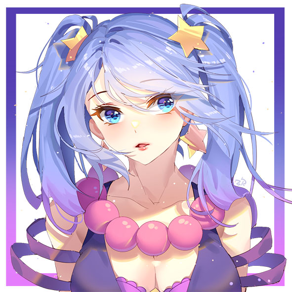 1girl arcade_sona blue_eyes blue_hair earrings jewelry kan_(rainconan) league_of_legends lipstick long_hair looking_at_viewer makeup necklace sona_buvelle star twintails white_background