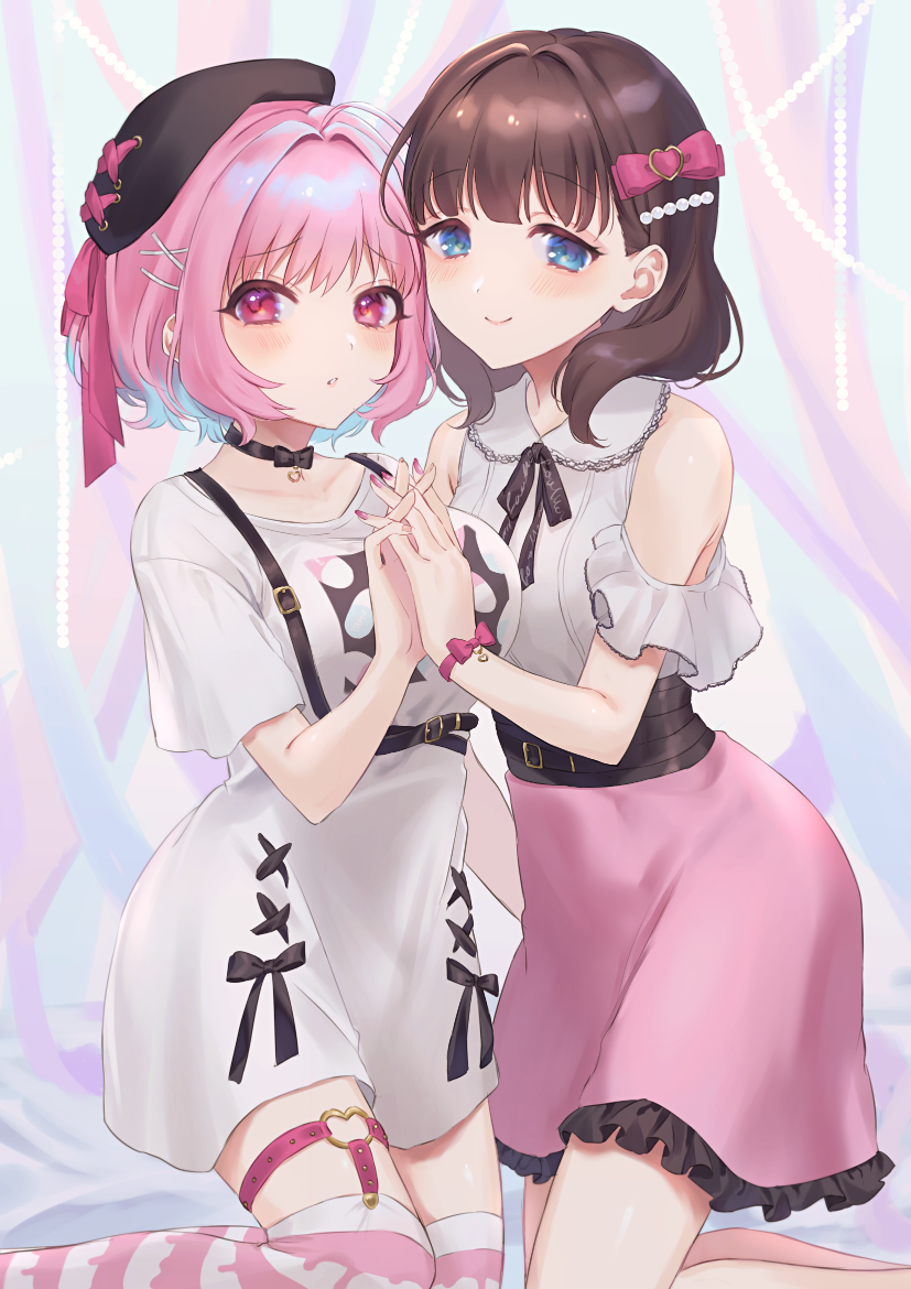 2girls :o ahoge anoa bare_shoulders beret black_choker black_headwear black_ribbon blue_eyes blue_hair blush bow brown_eyes buckle choker collarbone corset dress frilled_skirt frills hair_bow hair_intakes hair_ornament hairclip hat heart_ring holding_hands idolmaster idolmaster_cinderella_girls interlocked_fingers kneeling looking_at_viewer medium_hair multicolored_hair multiple_girls nail_polish over-kneehighs panties parted_lips pink_bow pink_eyes pink_hair pink_nails pink_panties pink_skirt ribbon sakuma_mayu shirt short_hair short_sleeves skirt striped striped_legwear thigh-highs two-tone_hair underwear white_dress white_shirt wristband x_hair_ornament yumemi_riamu