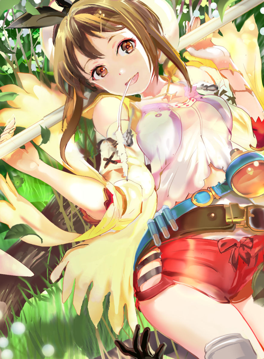 119 1girl :d atelier_(series) atelier_ryza belt breasts brown_belt brown_eyes brown_hair detached_sleeves highres looking_at_viewer medium_breasts open_mouth red_shorts reisalin_stout shirt short_hair_with_long_locks short_shorts shorts sidelocks smile solo white_shirt white_sleeves