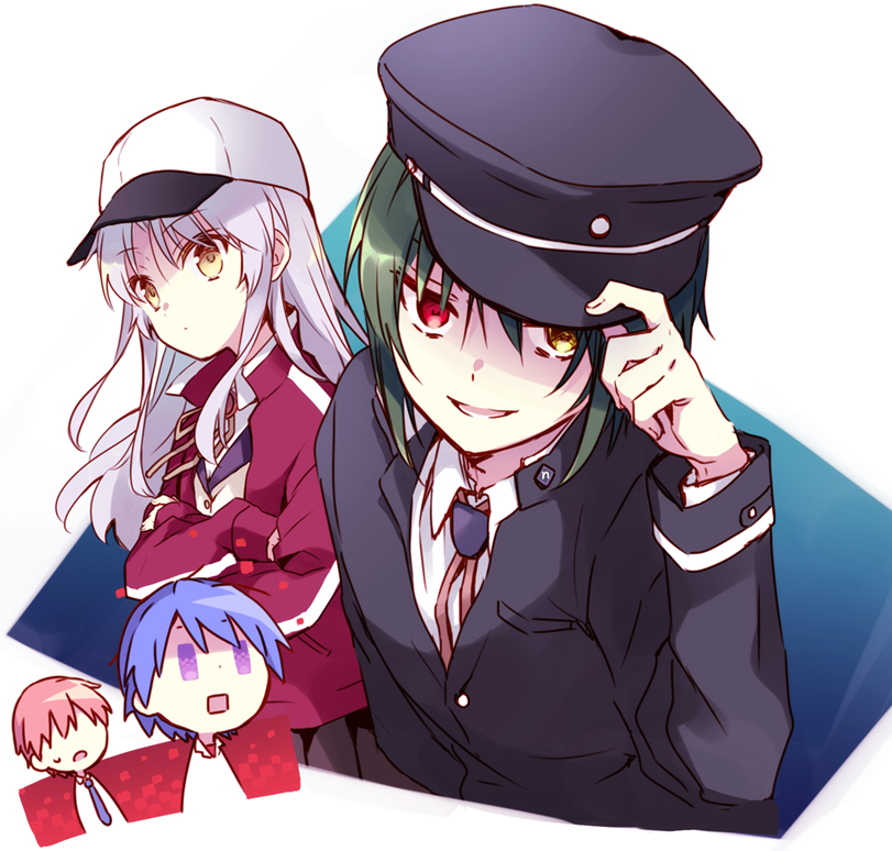 1girl 3boys angel_beats! bangs baseball_cap black_headwear blue_background blue_eyes bolo_tie chibi crossed_arms evil_smile eyebrows_visible_through_hair green_hair harmonia hat heterochromia hinata_(angel_beats!) holding holding_hat hypnosis jacket long_hair long_sleeves looking_at_viewer mind_control multiple_boys naoi_ayato necktie no_eyes open_mouth otonashi_(angel_beats!) red_eyes red_jacket redhead school_uniform shinda_sekai_sensen_uniform shirt short_hair silver_hair simple_background smile square_mouth square_pupils sweatdrop tachibana_kanade white_shirt yellow_eyes