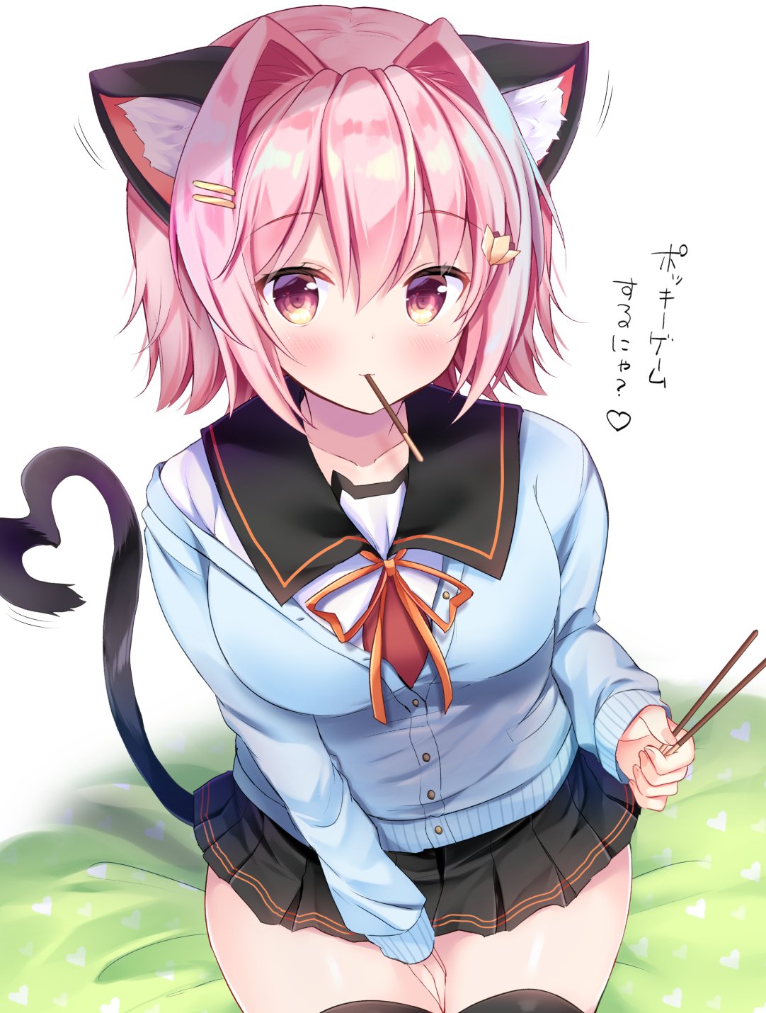1girl animal_ear_fluff animal_ears bangs black_legwear black_skirt blush breasts cardigan cat_ears cat_tail dot_nose eyebrows_visible_through_hair food hair_ornament hairclip heart heart_tail highres holding kantai_collection large_breasts long_sleeves masayo_(gin_no_ame) mouth_hold neck_ribbon orange_neckwear pink_eyes pleated_skirt pocky pocky_day ribbon sailor_collar short_hair simple_background sitting skirt solo tail tama_(kantai_collection) thigh-highs translation_request white_background