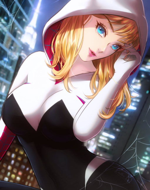 1girl blonde_hair blue_eyes bodysuit breasts esther gloves gwen_stacy hood looking_at_viewer marvel medium_hair open_mouth skin_tight smile solo spider-gwen spider-man_(series) spider_web_print superhero