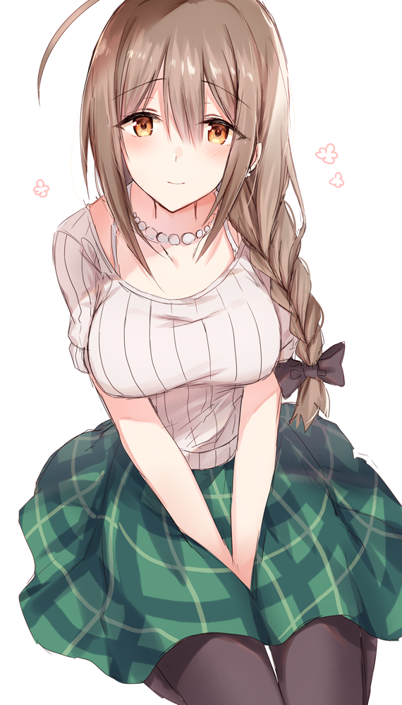 1girl ahoge bangs between_legs black_bow black_legwear bow braid breasts brown_eyes brown_hair closed_mouth commentary_request earrings eyebrows_visible_through_hair green_skirt grey_sweater hair_between_eyes hair_bow hand_between_legs idolmaster idolmaster_shiny_colors jewelry kinona kuwayama_chiyuki large_breasts long_hair looking_at_viewer necklace pantyhose pearl_necklace plaid plaid_skirt ribbed_sweater short_sleeves sidelocks simple_background single_braid sitting skirt smile solo sweater v_arms white_background