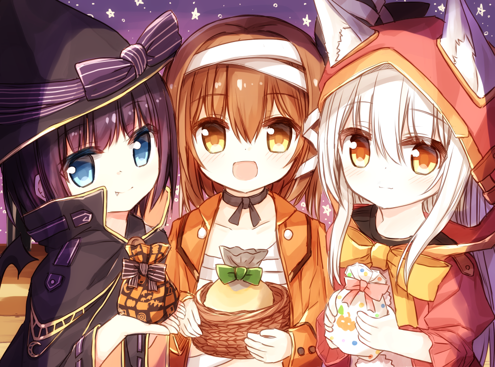 3girls :d animal_ear_fluff animal_ears bandages bangs basket black_cape black_headwear blue_eyes blush bow brown_eyes brown_hair cape closed_mouth collarbone ears_through_headwear eyebrows_visible_through_hair fang fang_out green_bow hair_between_eyes hands_up hat hat_bow holding holding_basket hood hood_up hooded_jacket jacket long_hair long_sleeves multiple_girls open_clothes open_jacket open_mouth orange_jacket original puffy_short_sleeves puffy_sleeves purple_bow purple_hair red_jacket ribbon-trimmed_sleeves ribbon_trim short_sleeves smile star striped striped_bow upper_body very_long_hair white_hair wide_sleeves witch_hat yellow_bow yuuhagi_(amaretto-no-natsu)