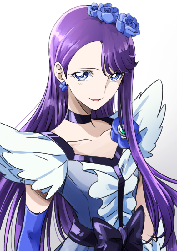 1girl :d asymmetrical_bangs asymmetrical_sleeves bangs blue_eyes blue_flower blue_sleeves choker collarbone cure_moonlight detached_sleeves dress earrings floating_hair flower gloves grey_dress hair_flower hair_ornament heartcatch_precure! jewelry long_hair looking_at_viewer open_mouth precure purple_hair shiny shiny_hair simple_background smile solo tsukikage_oyama upper_body very_long_hair white_background white_gloves