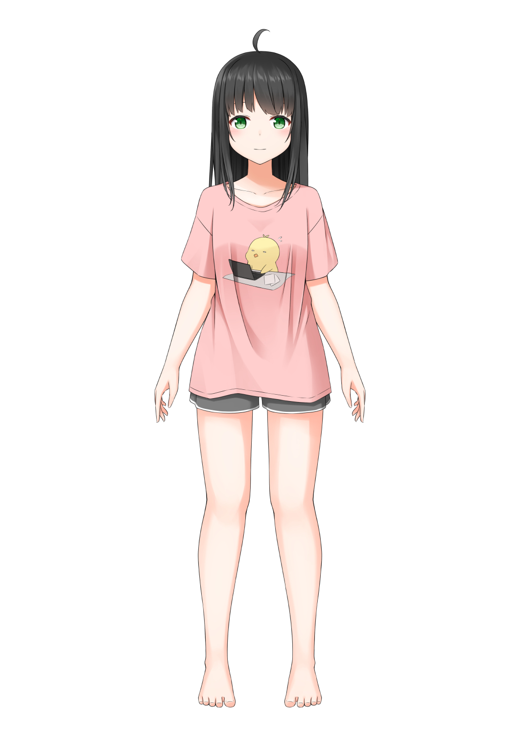 1girl ahoge aoi_thomas bangs barefoot black_hair breasts closed_mouth copyright_request eyebrows_behind_hair full_body green_eyes grey_shorts highres light_smile long_hair looking_at_viewer pink_shirt shirt short_shorts short_sleeves shorts simple_background small_breasts solo standing virtual_youtuber white_background