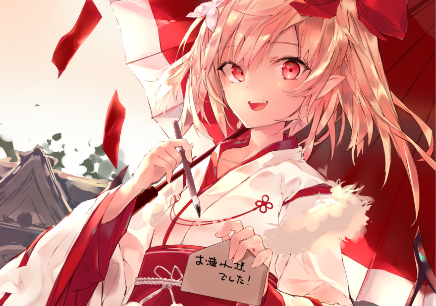 1girl :d alternate_costume bangs blonde_hair bow calligraphy_brush commentary_request eyebrows_visible_through_hair flandre_scarlet hair_bow holding holding_brush japanese_clothes kimono long_hair long_sleeves looking_at_viewer no_hat no_headwear obi one_side_up open_mouth oriental_umbrella outdoors paintbrush pointy_ears red_bow red_eyes red_sash red_umbrella sakusyo sash smile solo touhou translated umbrella upper_body white_kimono wide_sleeves