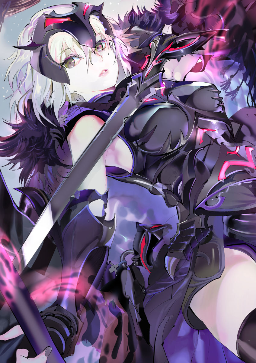 119 1girl armor armored_dress black_dress black_legwear black_nails breasts brown_eyes dress dutch_angle fate/grand_order fate_(series) hair_between_eyes headpiece highres holding holding_sword holding_weapon jeanne_d'arc_(alter)_(fate) jeanne_d'arc_(fate)_(all) looking_at_viewer medium_breasts nail_polish parted_lips pixiv_fate/grand_order_contest_2 short_hair silver_hair sleeveless sleeveless_dress solo sword thigh-highs weapon