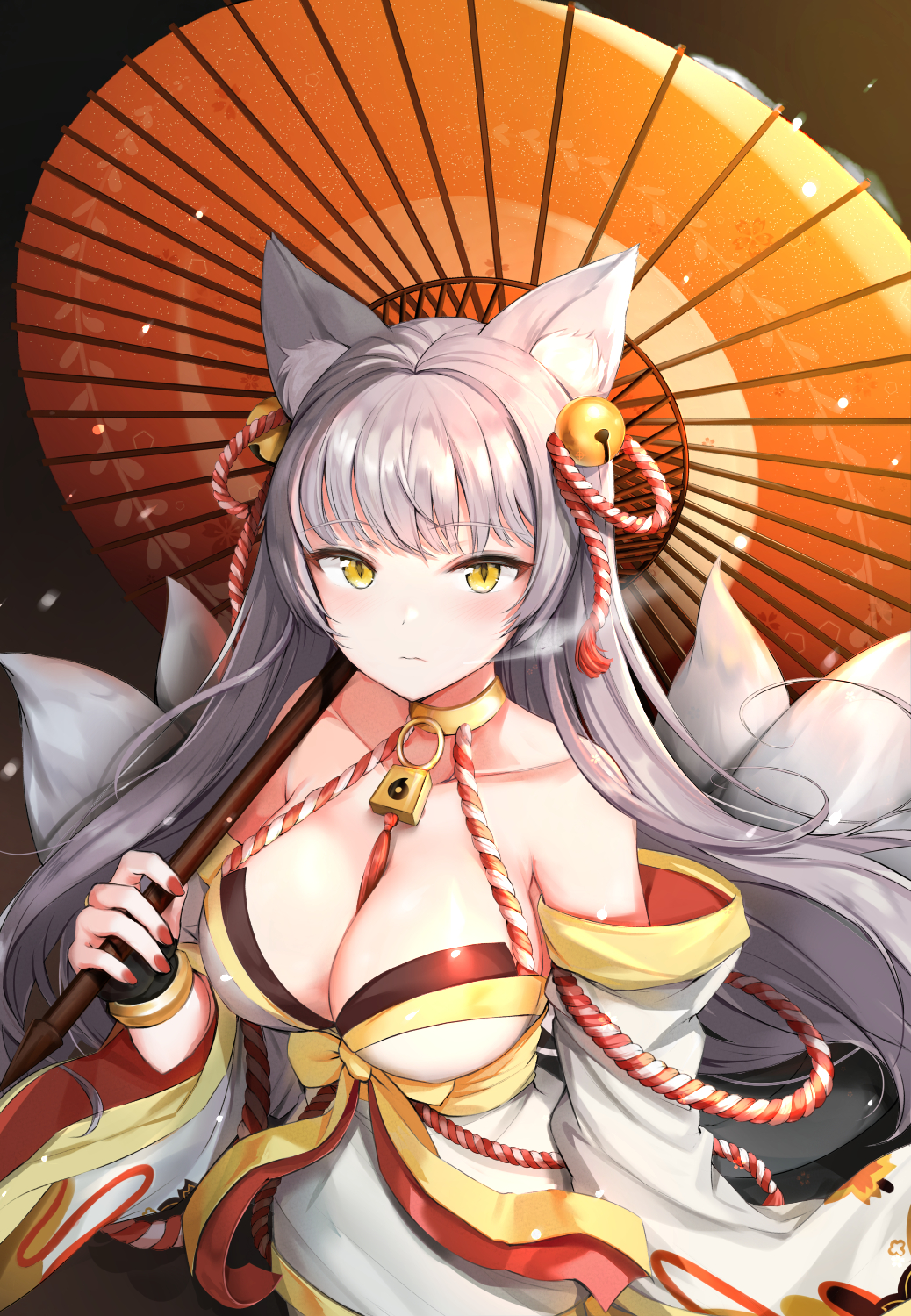 1girl animal_ear_fluff animal_ears bangle bangs bare_shoulders bell between_breasts black_gloves blush bracelet breasts cat_ears closed_mouth collarbone detached_sleeves eyebrows_visible_through_hair fingerless_gloves fox_ears fox_girl fox_tail gloves grey_hair hair_bell hair_ornament highres holding holding_umbrella houchi_shoujo japanese_clothes jewelry jingle_bell kimono large_breasts lock long_hair long_sleeves looking_at_viewer milllim multiple_tails neck_ring nontraditional_miko oriental_umbrella padlock red_nails rope sash snowing solo tail tamamo_no_mae_(houchi_shoujo) umbrella white_kimono yellow_eyes