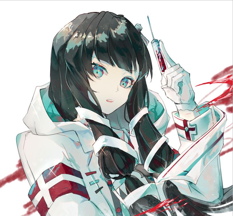 1girl armband black_hair blue_eyes gloves hood hood_down long_hair low-tied_long_hair original sidelocks solo syringe upper_body white_background white_gloves white_hood windworker