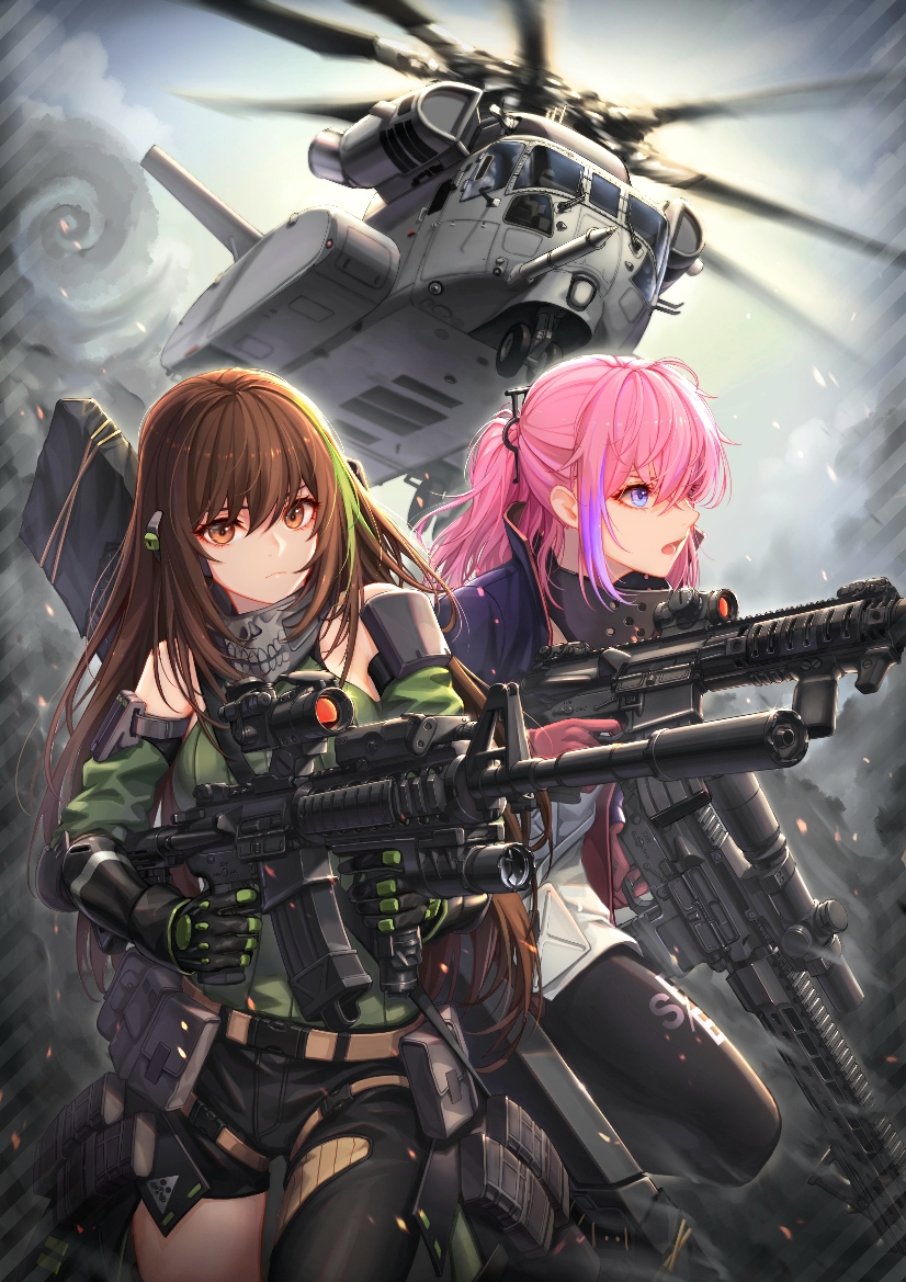 aircraft ar-15 arm_strap armor assault_rifle asymmetrical_pants baek_hyang bangs black_gloves black_legwear black_pants blue_eyes breasts brown_eyes brown_hair city closed_mouth clouds cloudy_sky detached_sleeves dress dual_wielding finger_on_trigger floating_hair gas_mask girls_frontline glint gloves green_hair green_sweater gun hair_between_eyes helicopter high_collar holding holding_gun holding_weapon jacket long_hair looking_at_viewer m4_carbine m4a1_(girls_frontline) magazine_(weapon) mod3_(girls_frontline) multicolored_hair multiple_girls open_clothes open_jacket open_mouth outdoors pants pantyhose pink_hair ponytail pouch ribbed_sweater rifle running sidelocks sky snap-fit_buckle st_ar-15_(girls_frontline) streaked_hair suppressor sweater sweater_vest thigh_strap weapon weapon_bag wind