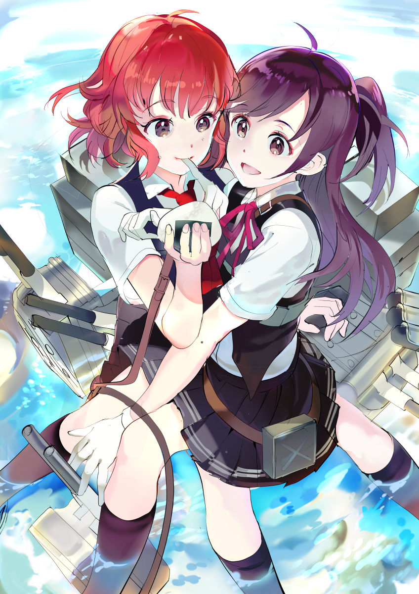 119 2girls :d ahoge arashi_(kantai_collection) black_legwear black_skirt brown_eyes brown_hair collared_shirt day floating_hair food from_above gloves hagikaze_(kantai_collection) highres holding holding_food kantai_collection kneehighs long_hair miniskirt mouth_hold multiple_girls neck_ribbon necktie onigiri open_mouth outdoors pleated_skirt ponytail red_neckwear red_ribbon redhead ribbon shiny shiny_hair shirt short_hair short_sleeves sitting sitting_on_lap sitting_on_person skirt smile very_long_hair white_gloves white_shirt wing_collar