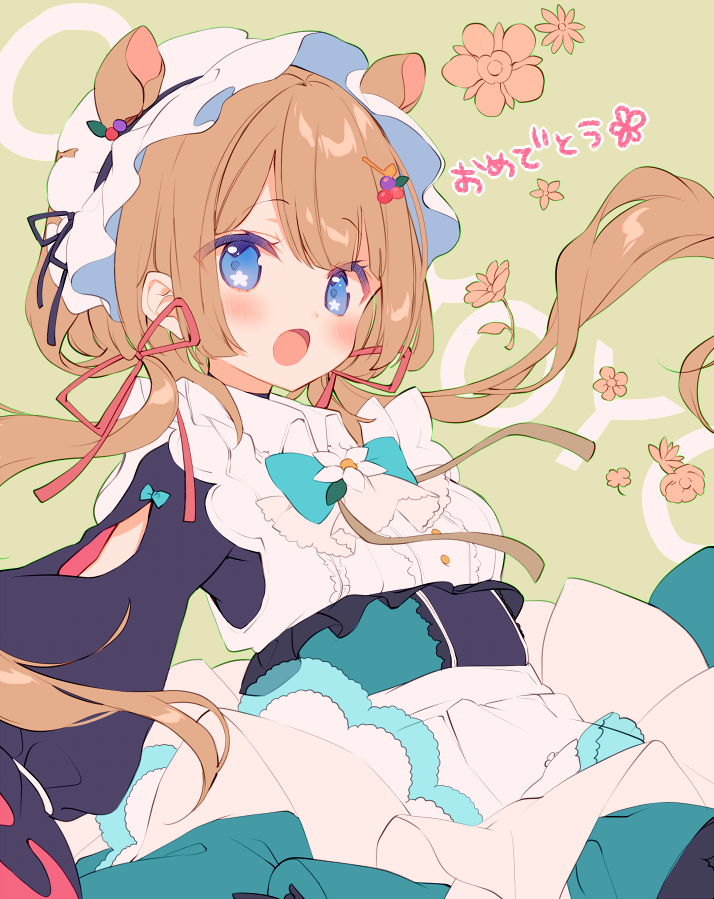 1girl :o ana_(rznuscrf) animal_ears blue_eyes blue_neckwear blush bow bowtie brown_hair commentary_request eli_conifer floral_background green_background hair_ribbon headdress long_hair long_sleeves looking_at_viewer nijisanji red_ribbon ribbon solo twintails upper_body virtual_youtuber