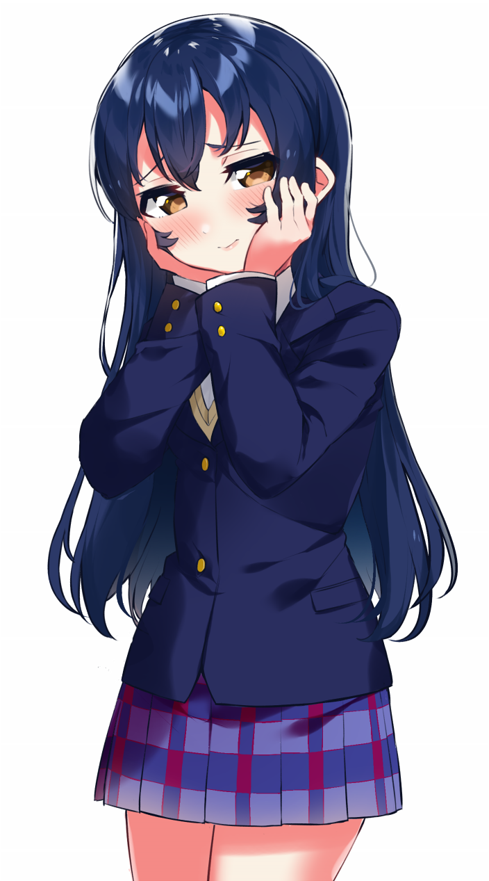 1girl bangs blazer blue_hair blush bow bowtie closed_mouth commentary_request cowboy_shot hair_between_eyes hands_on_own_cheeks hands_on_own_face highres jacket long_hair long_sleeves looking_at_viewer love_live! love_live!_school_idol_project otonokizaka_school_uniform red_neckwear school_uniform simple_background smile solo sonoda_umi standing striped totoki86 white_background yellow_eyes