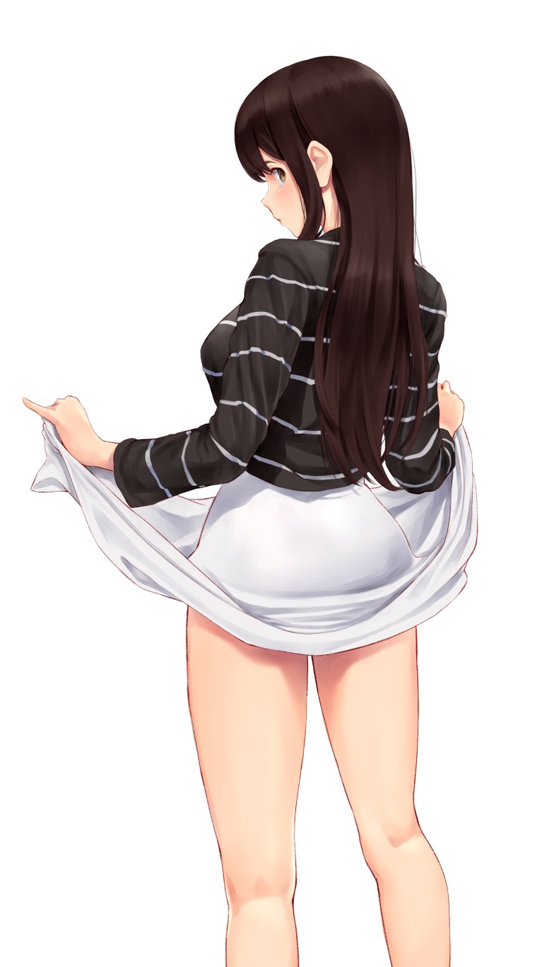 1girl akagi_(kantai_collection) ass bangs black_shirt blush breasts brown_eyes brown_hair closed_mouth contemporary highres kantai_collection large_breasts long_hair long_sleeves looking_back shirt simple_background skirt skirt_hold solo straight_hair striped striped_shirt thighs wa_(genryusui) white_background white_skirt