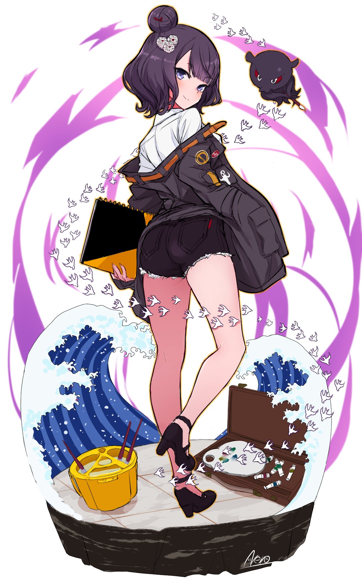 1girl abigail_williams_(fate/grand_order) abigail_williams_(fate/grand_order)_(cosplay) ass back bangs black_footwear black_jacket black_shorts blue_eyes blush breasts briefcase bucket collared_shirt cosplay cutoffs dress_shirt fate/grand_order fate_(series) full_body hair_bun hair_ornament hairpin heroic_spirit_traveling_outfit high_heels highres jacket katsushika_hokusai_(fate/grand_order) kuronuko_neero legs long_sleeves looking_back octopus off_shoulder open_clothes open_jacket orange_belt paint paint_tube paintbrush palette purple_hair shirt short_hair short_shorts shorts simple_background sketchbook smile thighs tokitarou_(fate/grand_order) waves white_background white_shirt