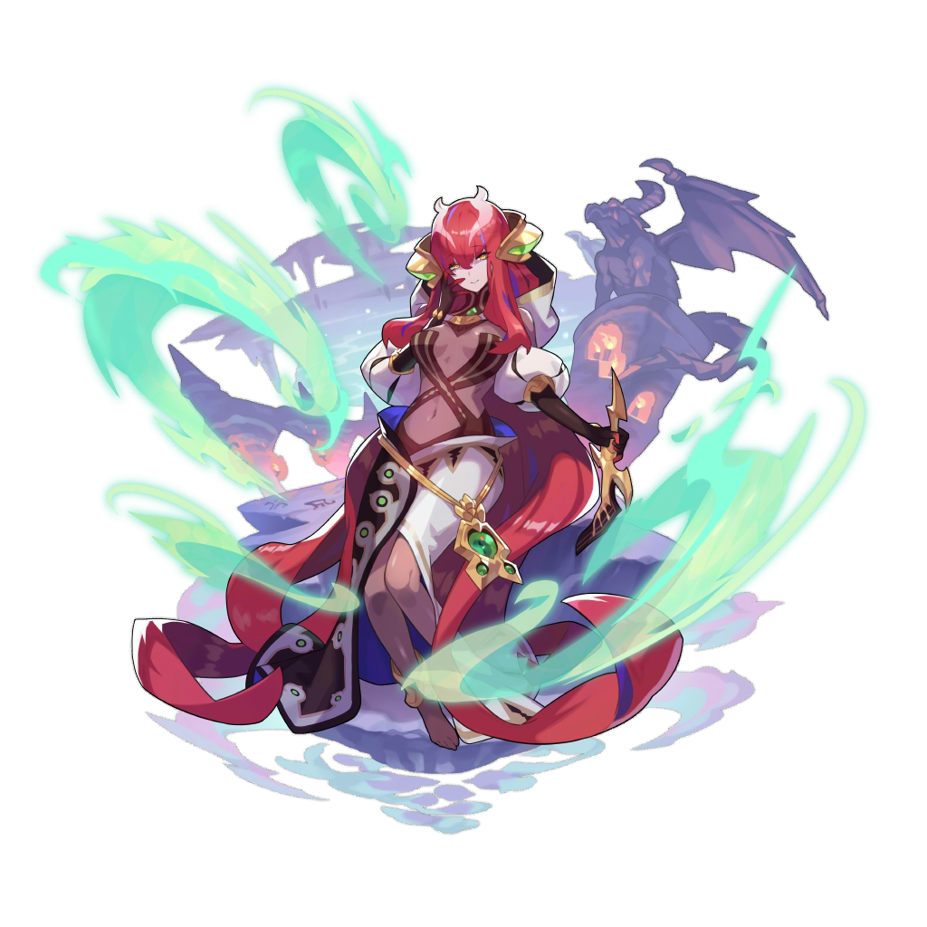 1girl absurdly_long_hair akasha_(dragalia_lost) bodysuit dagger dragalia_lost dragon fire full_body gargoyle headgear holding holding_weapon jewelry long_hair looking_at_viewer non-web_source official_art open_clothes open_shirt redhead saitou_naoki smile solo statue transparent_background very_long_hair weapon wind yellow_eyes