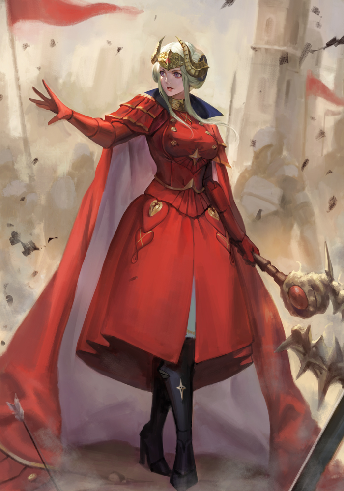 1girl armor armored_dress arrow axe banner black_footwear boots cloak double_bun dress edelgard_von_hresvelg fire_emblem fire_emblem:_three_houses full_body gauntlets high_heel_boots high_heels horn_ornament knight lips medium_hair outstretched_hand phamoz red_dress rubble side_bun sidelocks silver_hair solo_focus standing violet_eyes