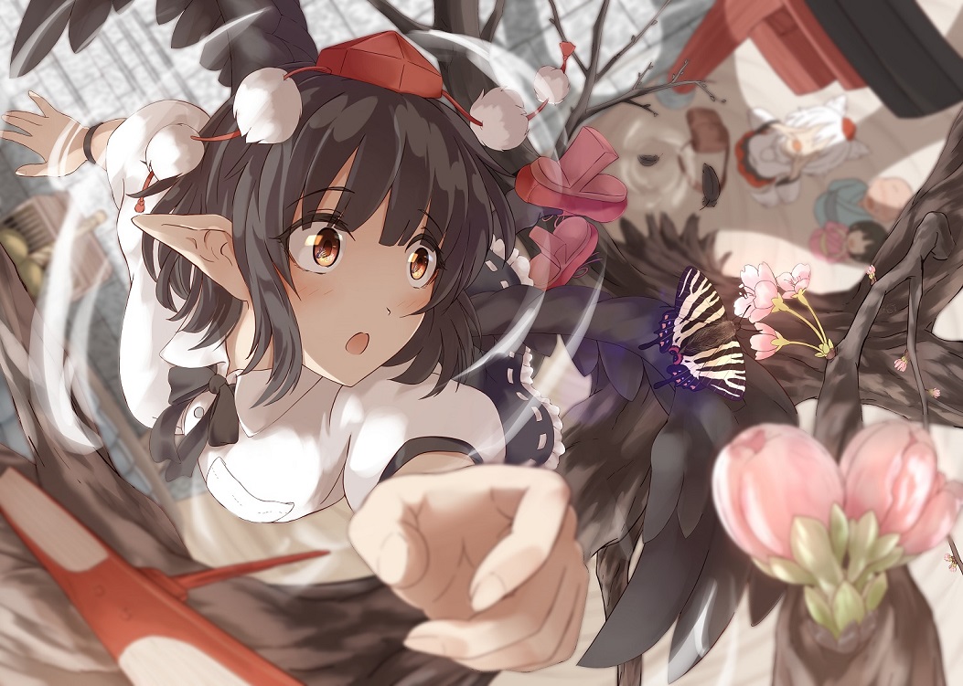 1boy 3girls animal_ears arm_up bangs bare_tree black_hair black_neckwear black_ribbon black_wings blush breast_pocket breasts brown_eyes commentary_request eyebrows_visible_through_hair feathered_wings flying hat inubashiri_momiji kagami_toufu medium_breasts multiple_girls neck_ribbon pocket pointy_ears pom_pom_(clothes) puffy_short_sleeves puffy_sleeves ribbon shameimaru_aya shirt short_hair short_sleeves sidelocks silver_hair tokin_hat torii touhou tree white_shirt wings wolf_ears