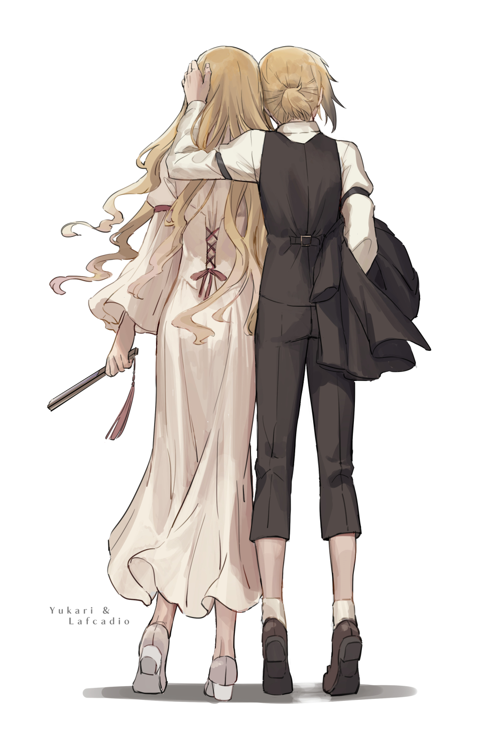 2girls arm_at_side black_footwear black_jacket black_pants black_vest blonde_hair carrying_under_arm character_name character_request closed_fan cross-laced_clothes dress facing_away fan folding_fan formal from_behind full_body hand_on_another's_head hand_up height_difference high_heels highres jacket jacket_removed karaori loafers long_hair long_sleeves multiple_girls pants ponytail same_height shirt shoe_soles shoes side-by-side simple_background socks standing suit tassel tiptoes touhou very_long_hair vest white_background white_dress white_legwear white_shirt wide_sleeves yakumo_yukari