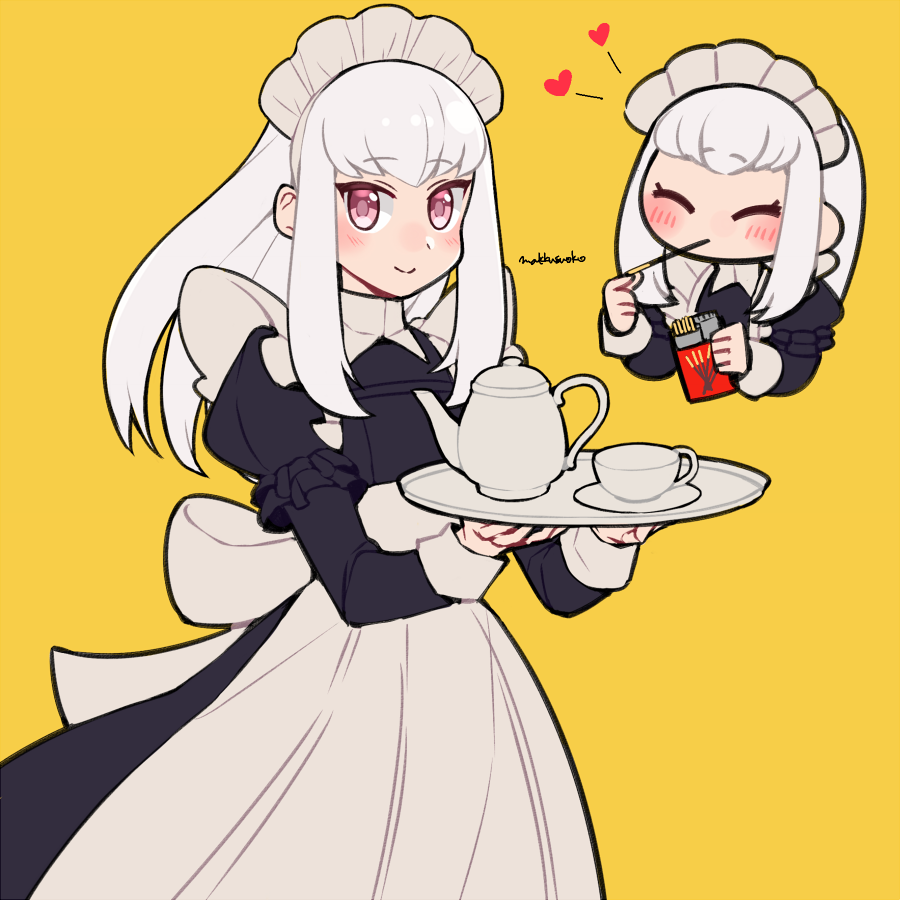 1girl artist_name closed_eyes closed_mouth cup do_m_kaeru eating fire_emblem fire_emblem:_three_houses food holding holding_plate long_hair long_sleeves lysithea_von_ordelia maid maid_headdress multiple_views pink_eyes plate pocky simple_background smile teacup teapot white_hair yellow_background