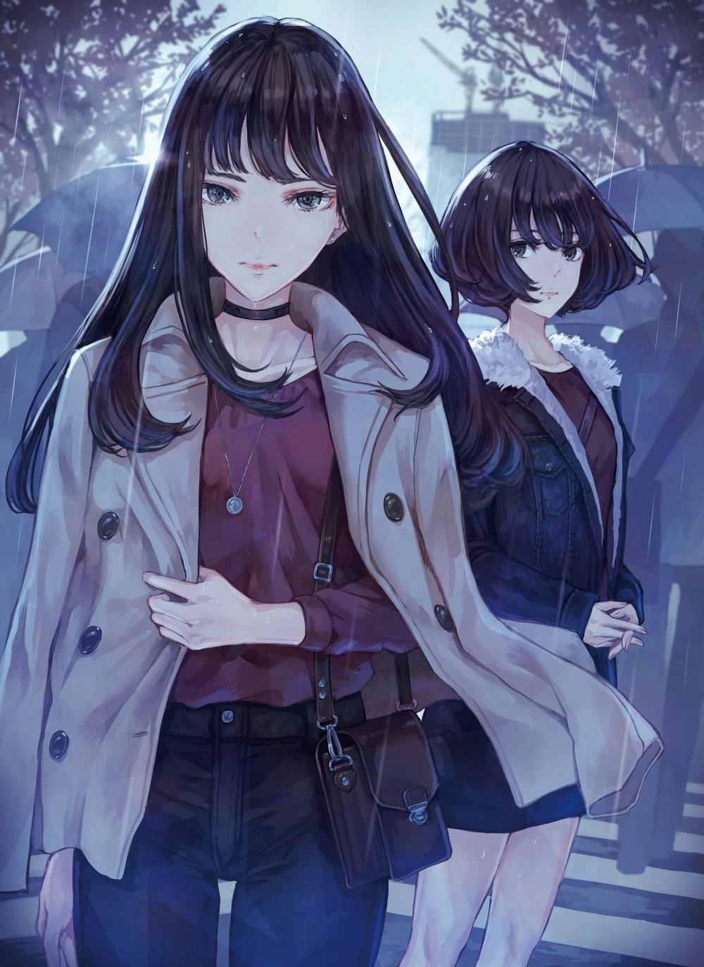 2girls bag bangs black_eyes black_hair choker coat denim expressionless handbag highres jeans jewelry long_hair looking_at_viewer medium_hair multiple_girls necklace pants people rain umbrella winter_clothes winter_coat yasukura_(shibu11)