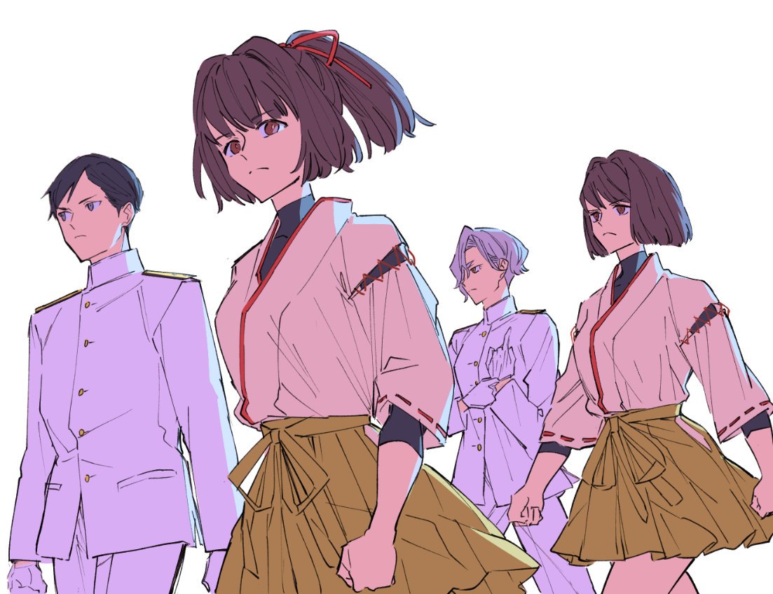 2boys 2girls adjusting_clothes adjusting_gloves admiral_(kantai_collection) bangs black_hair breasts brown_eyes brown_hair closed_mouth deco_(geigeki_honey) eyebrows_visible_through_hair gloves hip_vent hyuuga_(kantai_collection) ise_(kantai_collection) japanese_clothes kantai_collection long_sleeves multiple_boys multiple_girls nontraditional_miko ponytail ribbon-trimmed_sleeves ribbon_trim short_hair silver_hair simple_background skirt undershirt uniform walking white_background white_gloves