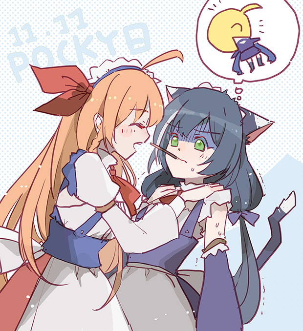2girls :d ^_^ ahoge animal_ears bangs black_hair blush_stickers braid breasts brown_hair brown_skirt cat_ears cat_girl cat_tail closed_eyes closed_mouth commentary_request dated eyebrows_visible_through_hair food food_in_mouth green_eyes grey_apron hair_ribbon hands_on_another's_shoulders imagining kyaru_(princess_connect) long_hair long_sleeves low_twintails medium_breasts mouth_hold multicolored_hair multiple_girls open_mouth pecorine pocky pocky_day princess_connect! princess_connect!_re:dive profile puffy_short_sleeves puffy_sleeves purple_skirt red_ribbon ribbon shadowsinking shirt short_over_long_sleeves short_sleeves skirt smile streaked_hair suspender_skirt suspenders tail thought_bubble trembling turn_pale twintails very_long_hair wavy_mouth white_hair white_shirt