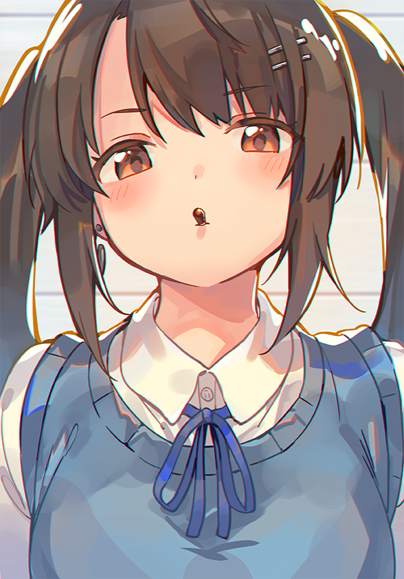 1girl bangs blue_neckwear blue_ribbon blush breasts brown_hair collared_shirt commentary_request earrings eyebrows_visible_through_hair food hair_ornament hairclip jewelry kanase_(mcbrwn18) long_hair looking_at_viewer medium_breasts mouth_hold neck_ribbon orange_eyes original pocky pocky_day pov ribbon shirt sidelocks solo sweater_vest twintails upper_body white_shirt