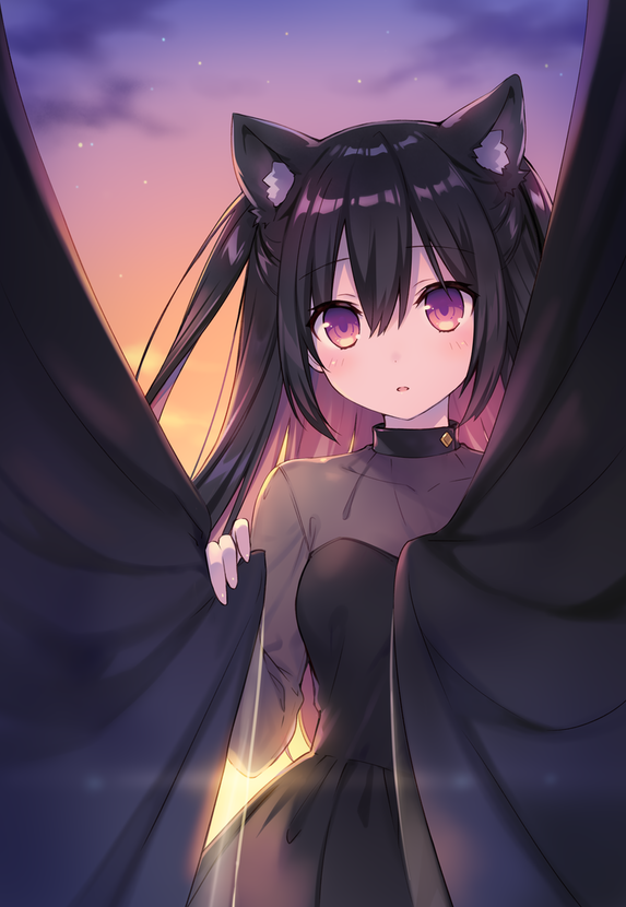 1girl animal_ears bangs black_dress black_hair blush breasts cat_ears colored_inner_hair curtain_grab curtains dress glint long_hair long_sleeves looking_at_viewer multicolored_hair original p_a_n_da parted_lips pink_hair see-through sky solo star_(sky) twilight two-tone_hair two_side_up upper_body violet_eyes