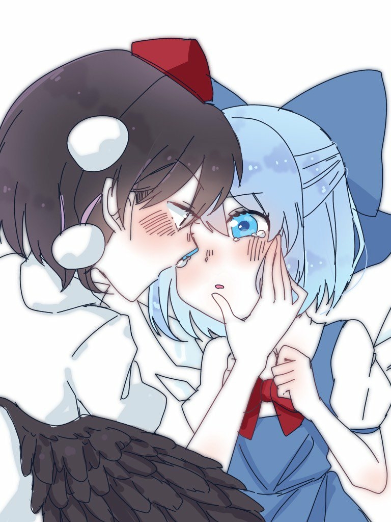 2girls :o bangs black_hair black_wings blue_bow blue_dress blue_eyes blue_hair blush bow bowtie cirno clenched_hand collared_shirt dress eringi_(rmrafrn) eye_contact eyebrows_visible_through_hair feathered_wings hair_between_eyes hair_bow hand_on_another's_face hand_up hat ice ice_wings looking_at_another multiple_girls open_mouth parted_lips pinafore_dress pom_pom_(clothes) puffy_short_sleeves puffy_sleeves red_bow red_eyes red_neckwear shameimaru_aya shirt short_hair short_sleeves simple_background tears tokin_hat touhou upper_body white_background white_shirt wings yuri