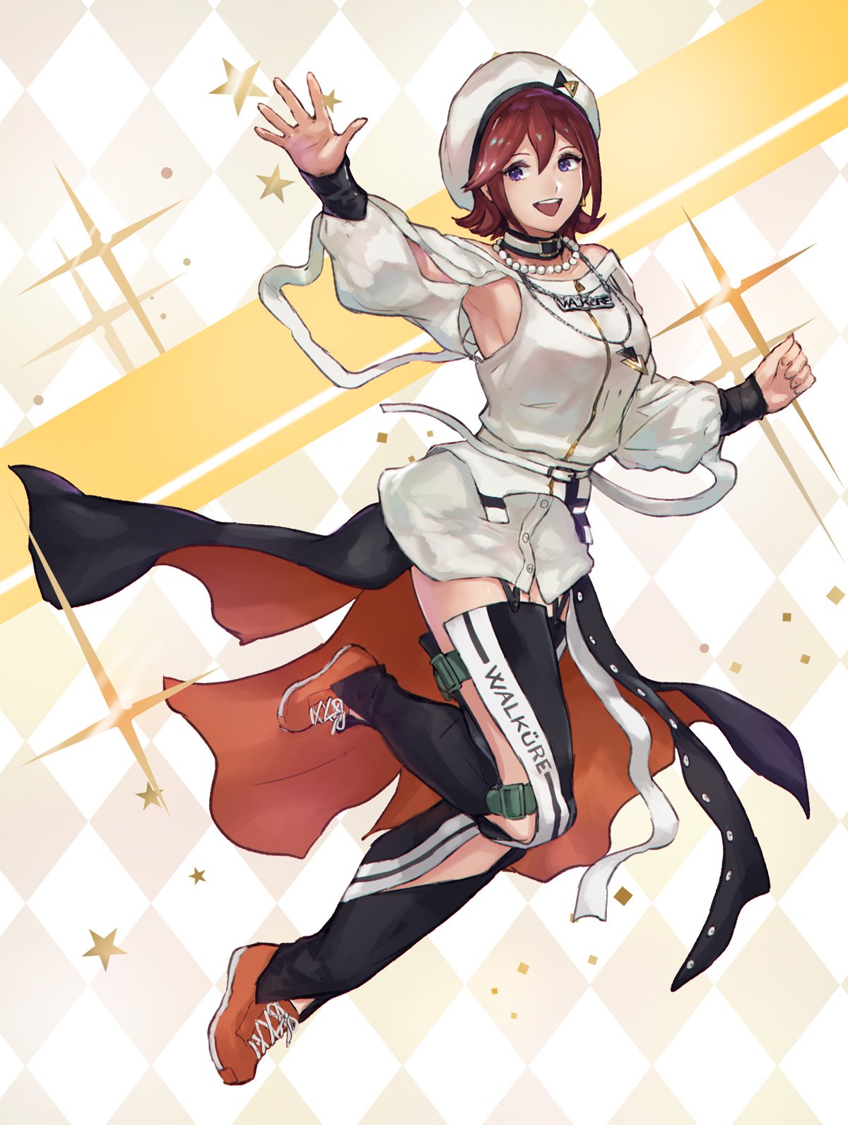 1girl :d armpit_cutout armpits black_cape black_legwear cape choker full_body highres jacket jewelry kaname_buccaneer long_sleeves looking_at_viewer macross macross_delta necklace open_mouth orange_footwear outstretched_arm redhead shimatani_azu shiny shiny_hair shoes short_hair smile sneakers solo violet_eyes waist_cape white_background white_jacket