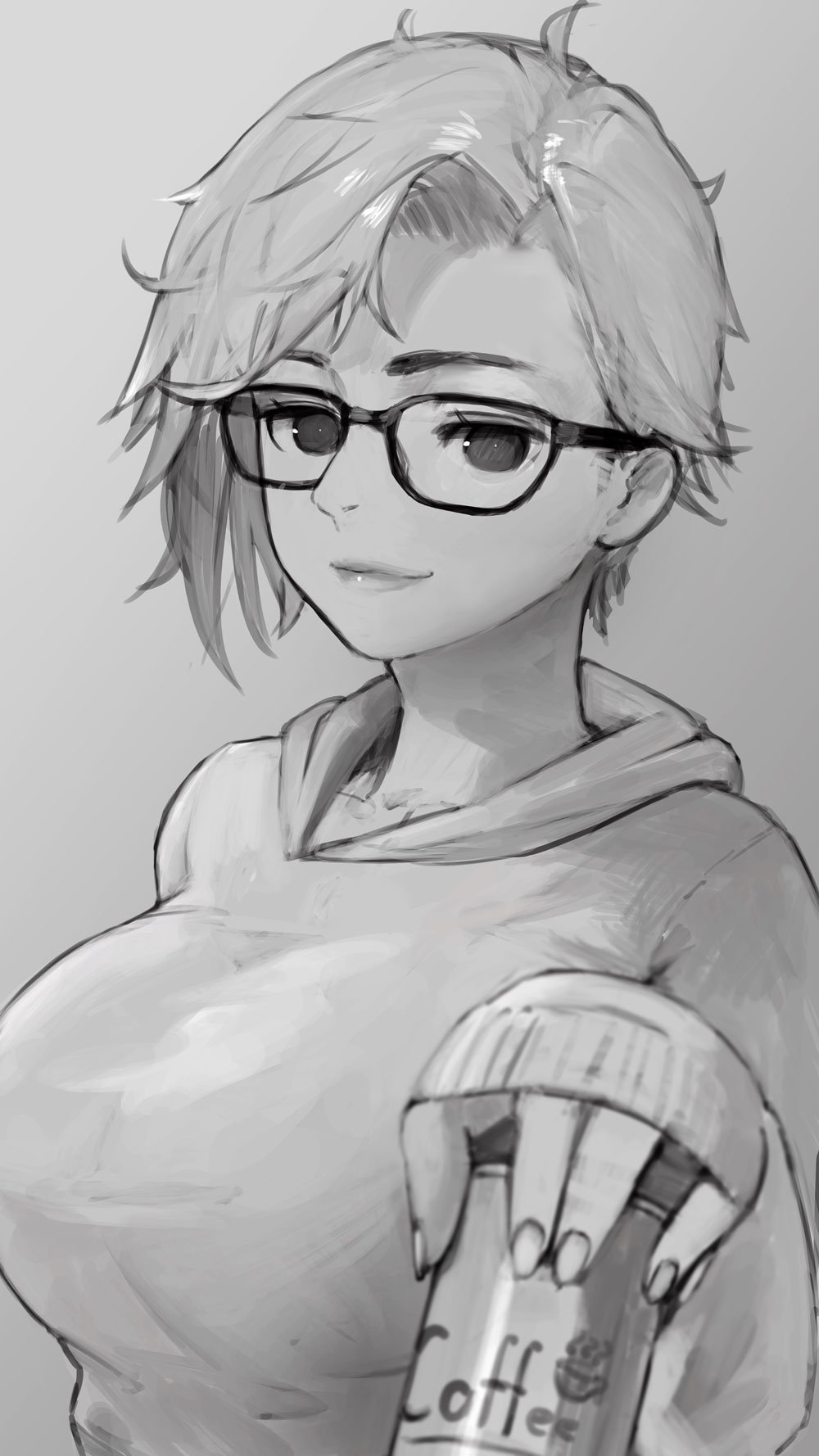 1girl asymmetrical_hair bottle breasts coffee coffee_bottle commentary_request eyelashes glasses happy highres hiragana_(gomasyabu) large_breasts looking_at_viewer messy_hair monochrome original short_hair sketch smile solo sweater