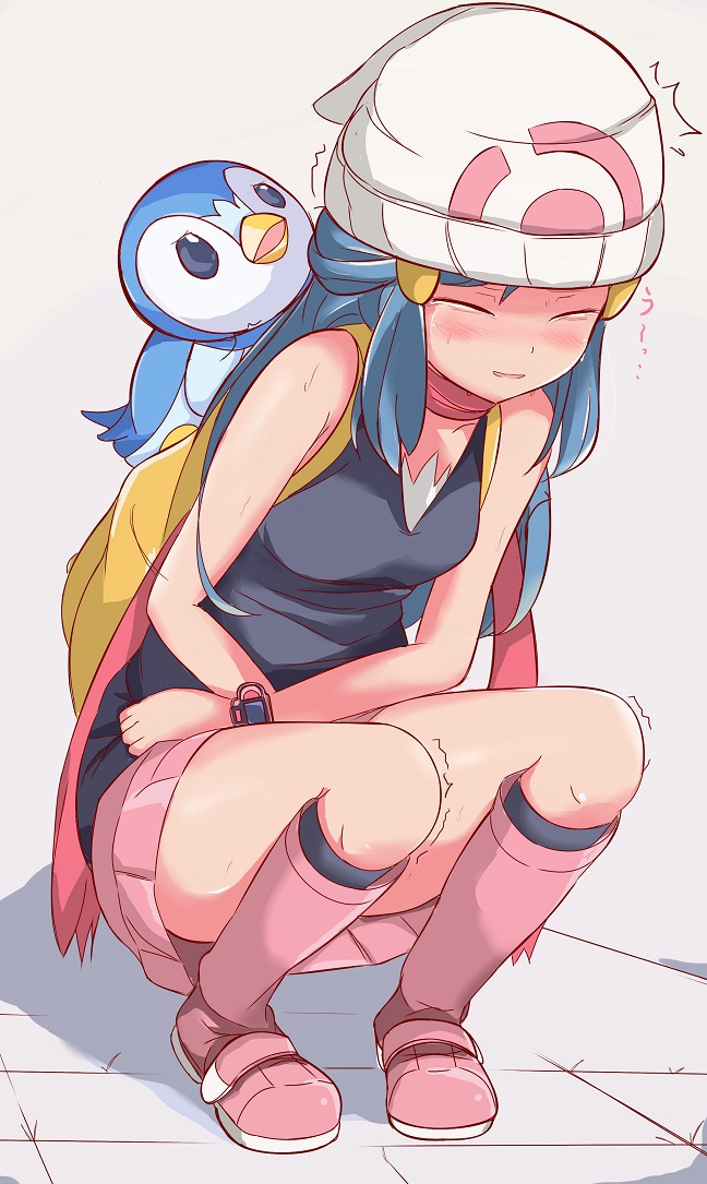 1girl backpack bag bare_shoulders beanie between_legs black_legwear black_shirt blank_eyes blue_eyes blue_hair blush boots breasts commentary_request crying embarrassed full_body gen_4_pokemon grey_background hair_ornament hairclip hand_between_legs hat have_to_pee hikari_(pokemon) knee_boots kneehighs long_hair miniskirt muroi_(fujisan0410) nose_blush open_mouth pink_footwear pink_skirt piplup poke_ball_symbol poke_ball_theme pokemon pokemon_(creature) pokemon_(game) pokemon_dppt red_scarf scarf shiny shiny_skin shirt simple_background skirt sleeveless sleeveless_shirt small_breasts solo_focus squatting surprise_lines sweat tears tied_hair translated trembling watch white_headwear
