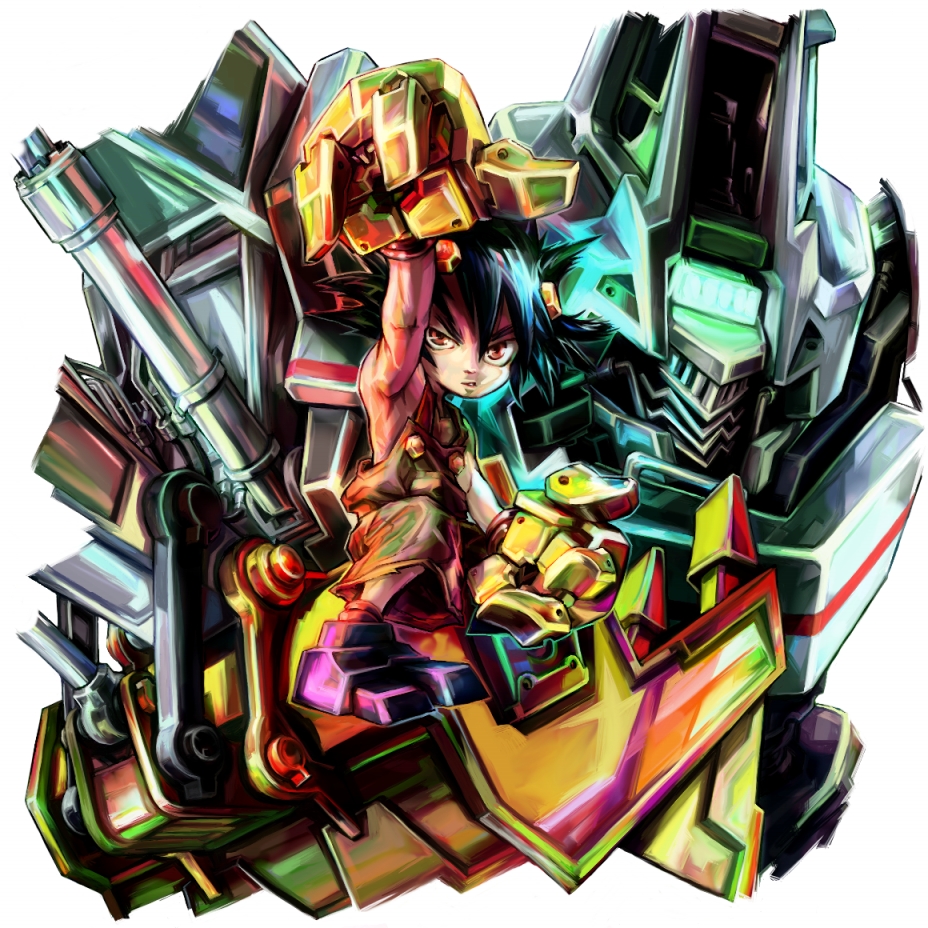 1boy aburaya_tonbi arm_up black_hair brown_eyes brown_pants jumbor jumbor_balutronica mecha mechanical_hands pants simple_background solo spiky_hair white_background